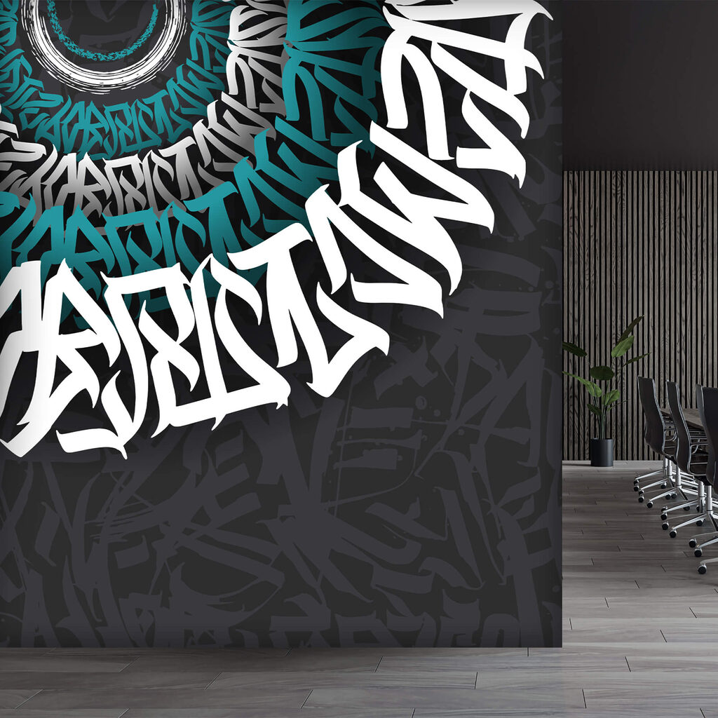 Bílé a modré graffiti na černém pozadí Bílé a modré graffiti na černém pozadí