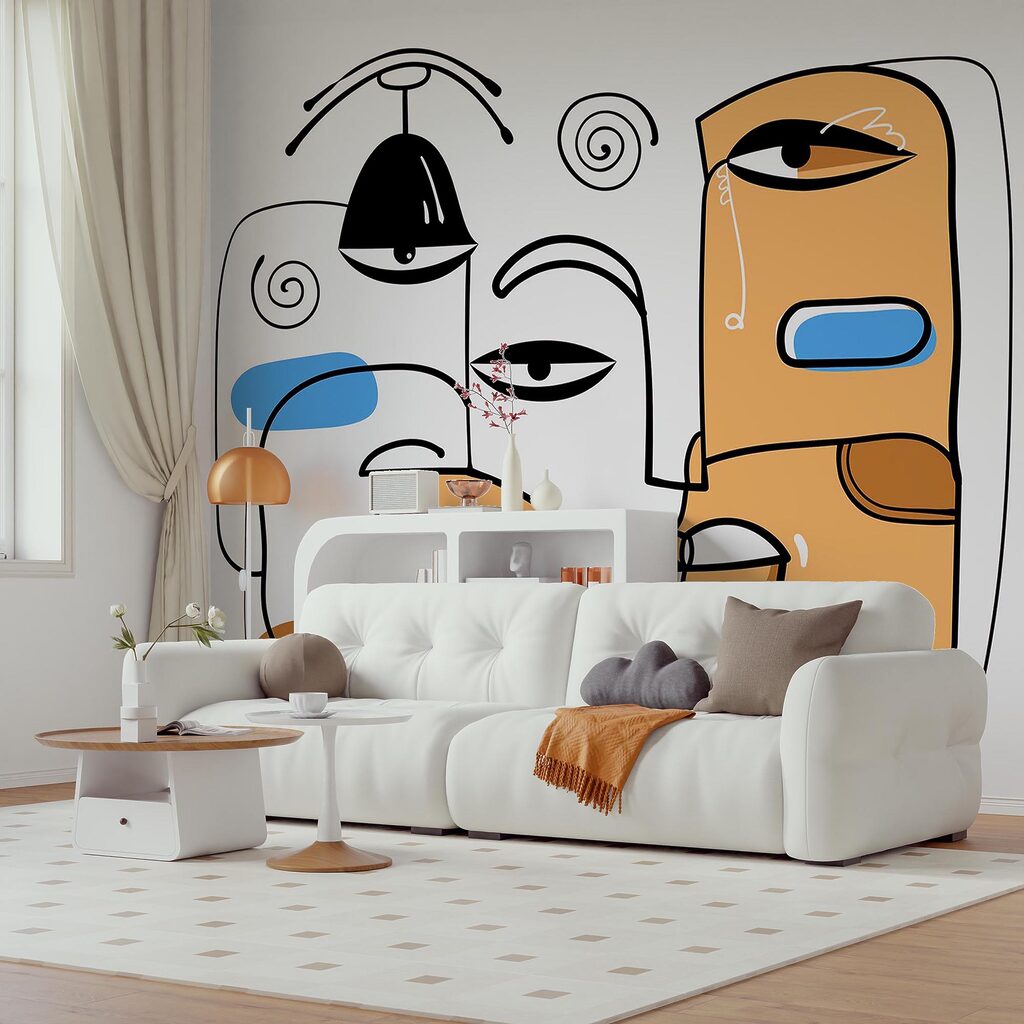 Skupina obličejů nakreslených na bílém pozadí