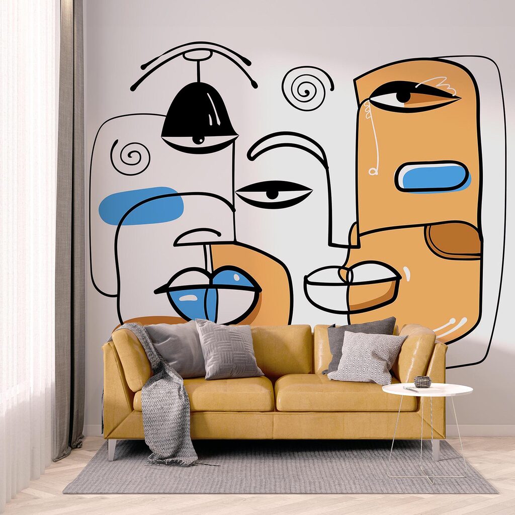 Skupina obličejů nakreslených na bílém pozadí