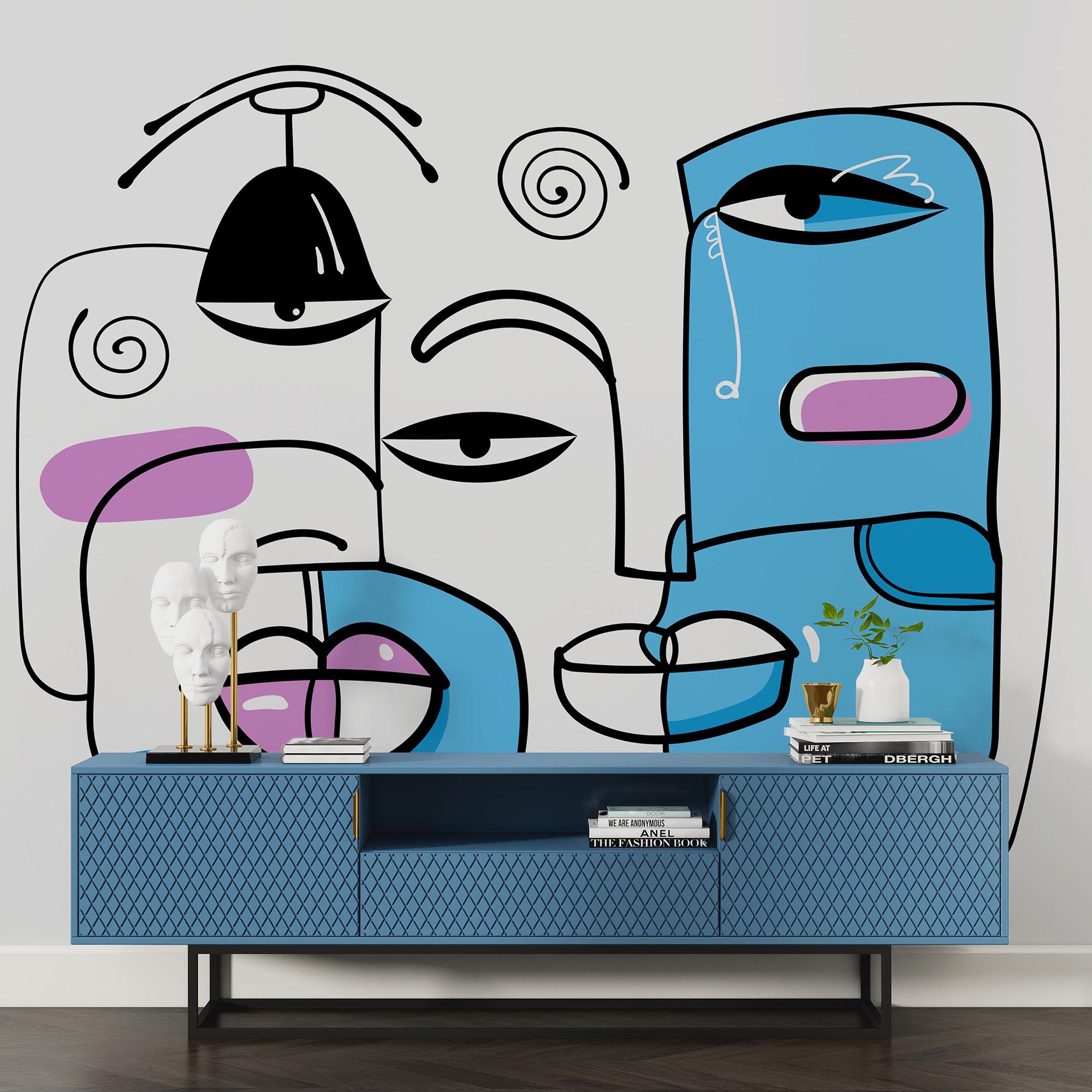 Skupina obličejů nakreslených na bílém pozadí