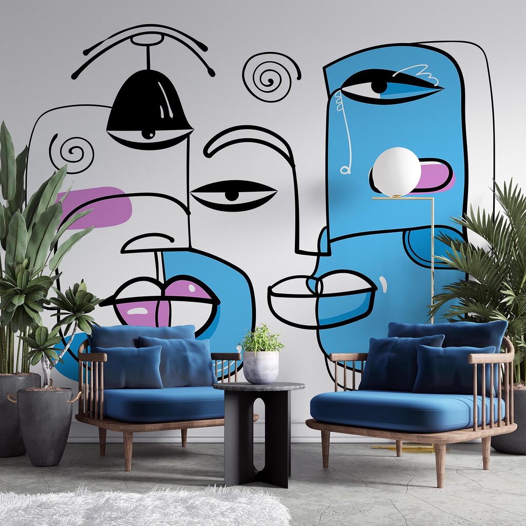 Skupina obličejů nakreslených na bílém pozadí