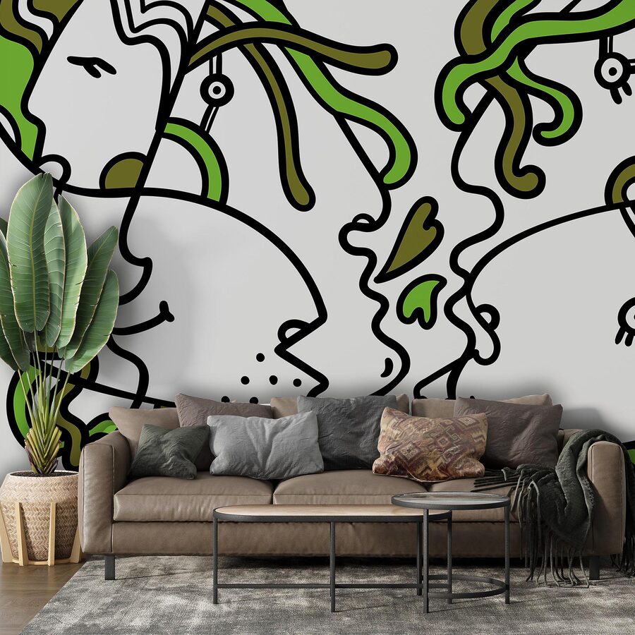 Wall murals Faces intertwined with vibrant shapes.