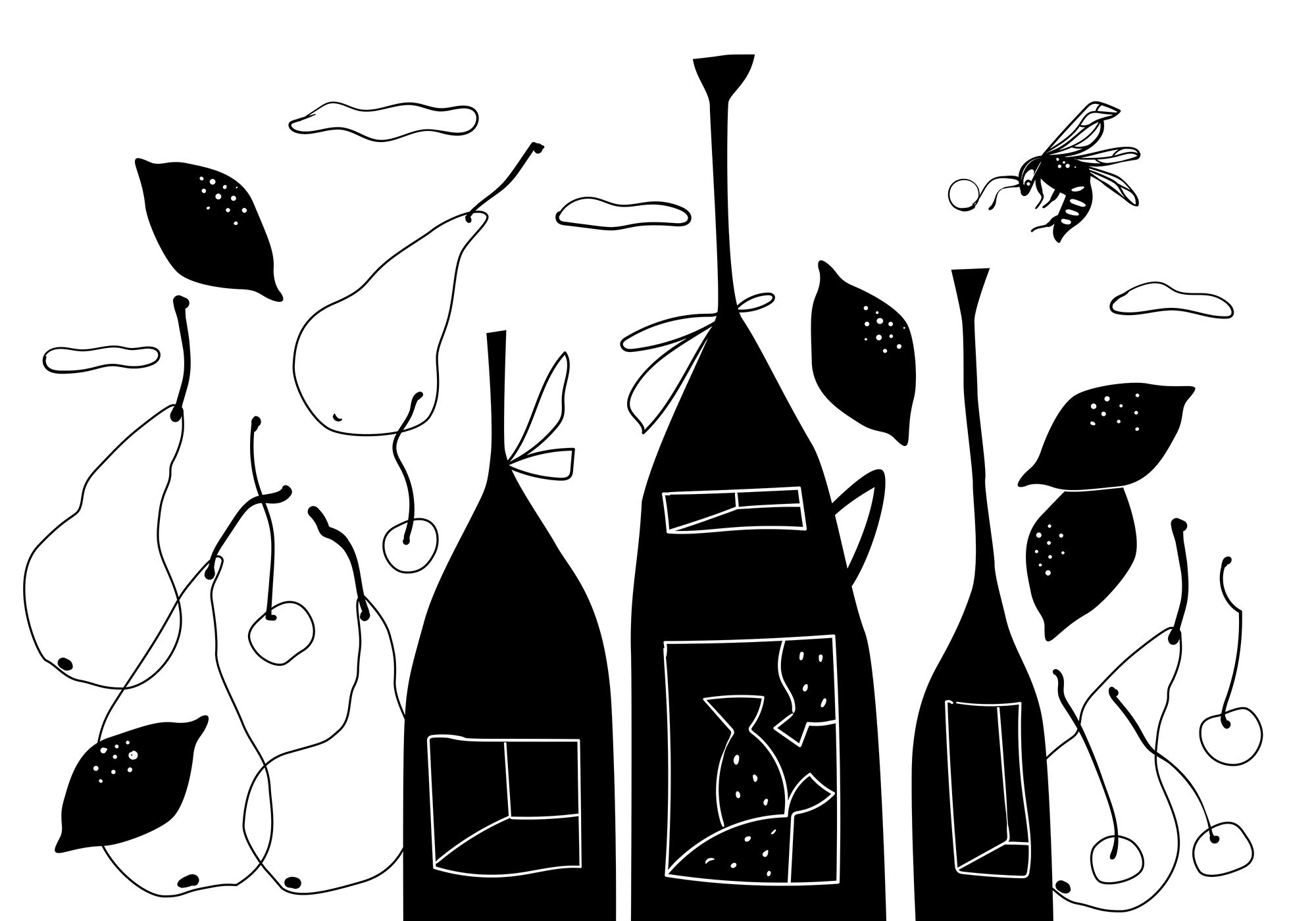 Black and white drawing of bottles