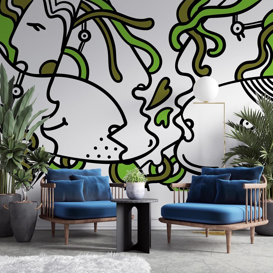 Wall murals Faces intertwined with vibrant shapes.