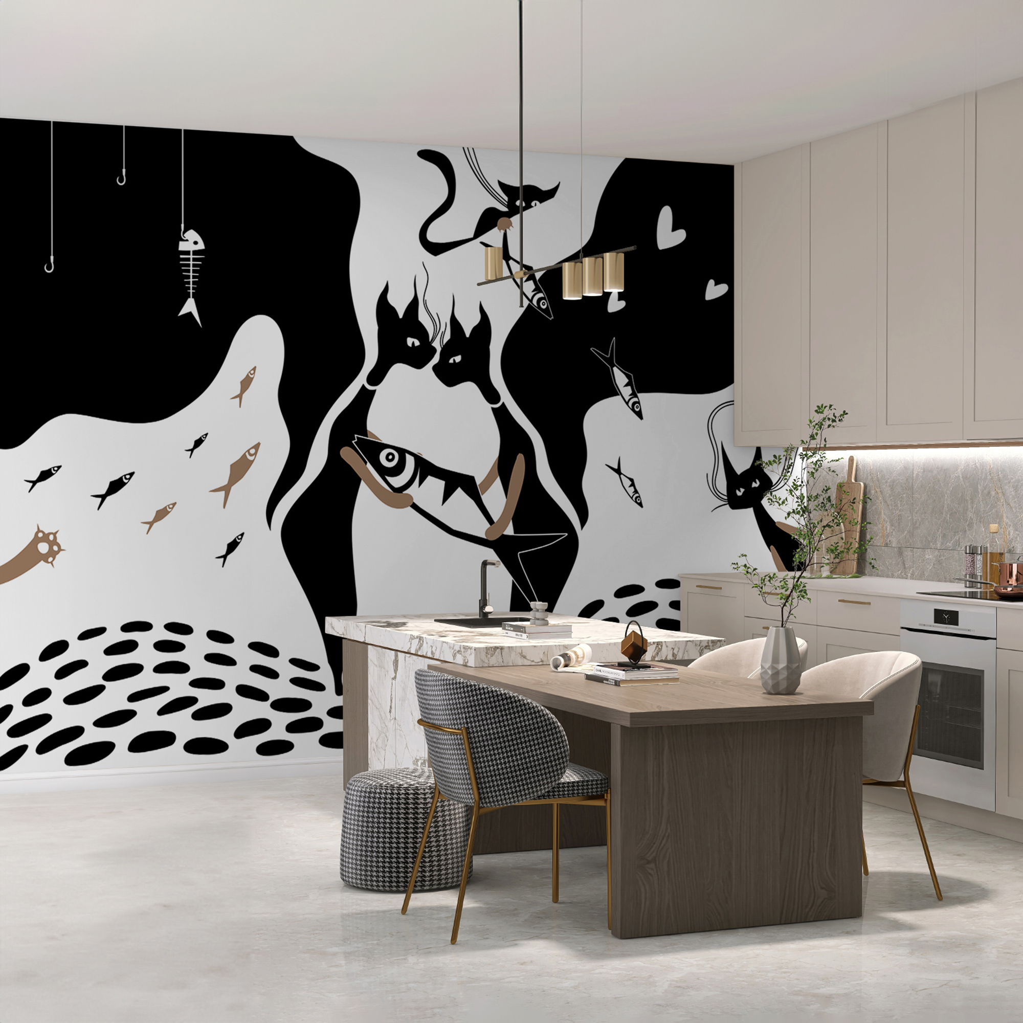 Černobílá kočka s rybami a rybičkami