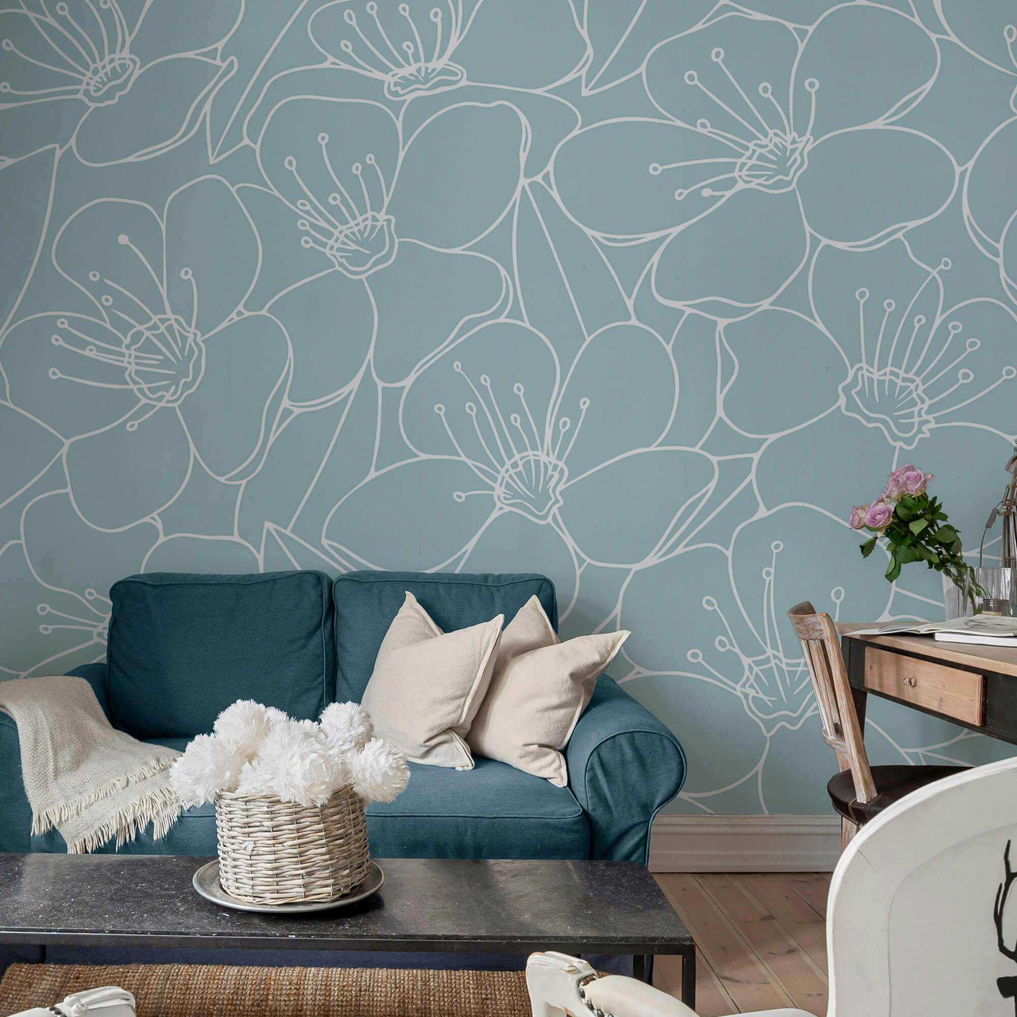 Vzor květin na modrém pozadí