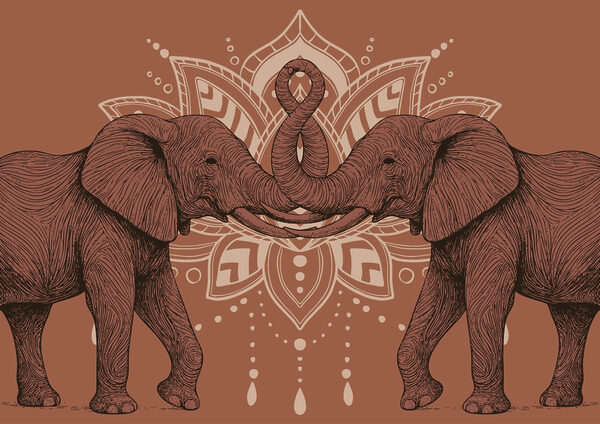 Two elephants with their trunks touching each other