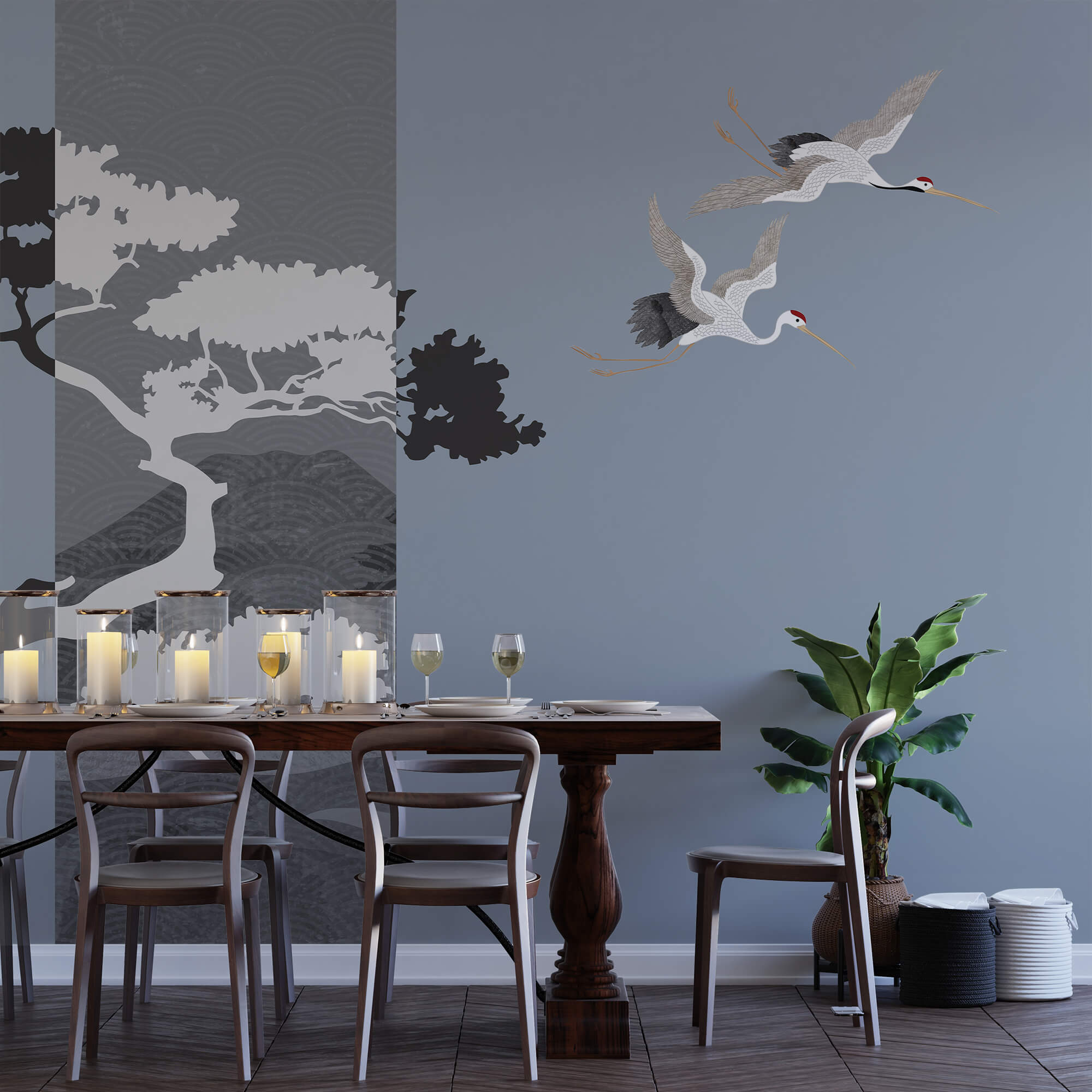 Pár jeřábů letících vedle stromu Pár jeřábů letících vedle stromu