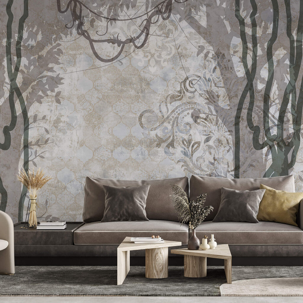 Bílá zeď s vinnou révou a listy