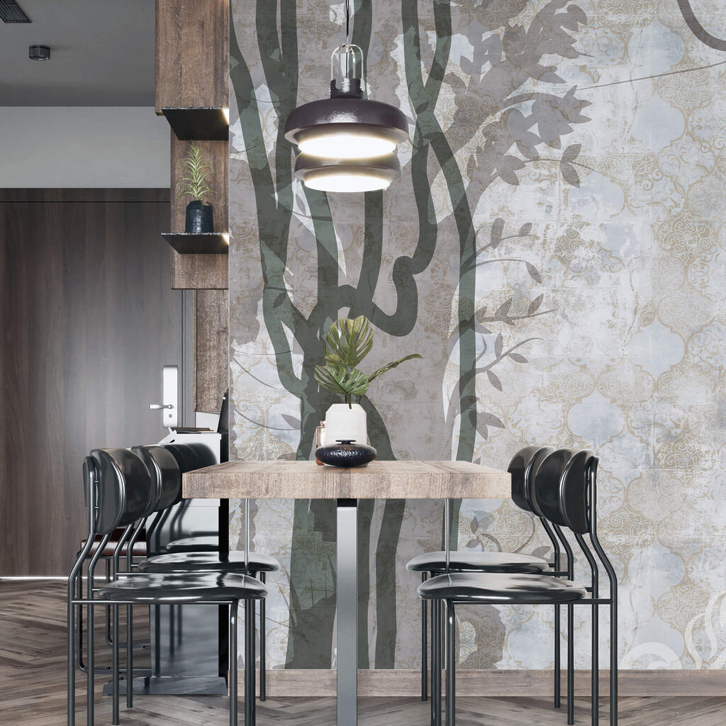 Bílá zeď s vinnou révou a listy