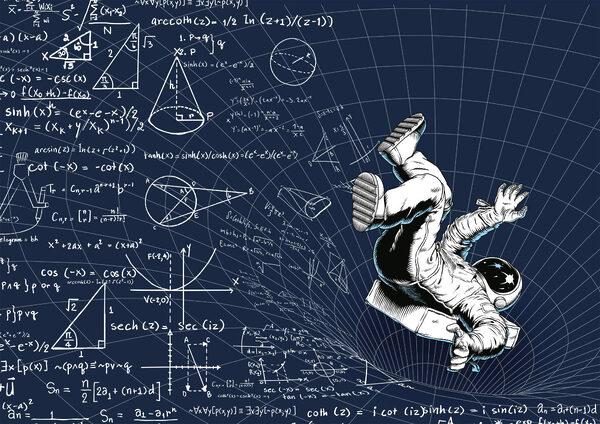 Muž ve skafandru padající na tabuli s matematickými rovnicemi Muž ve skafandru padající na tabuli s matematickými rovnicemi