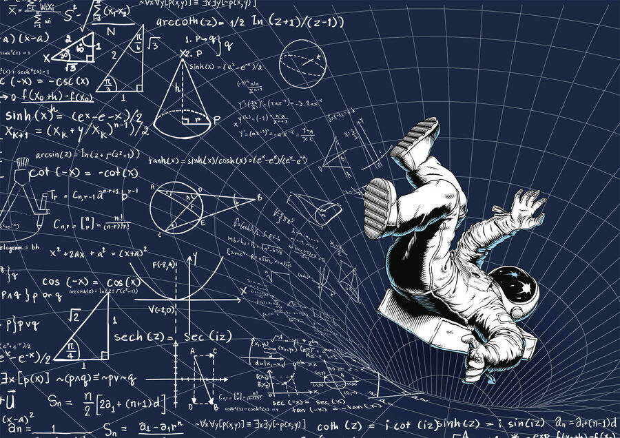 Muž ve skafandru padající na tabuli s matematickými rovnicemi Muž ve skafandru padající na tabuli s matematickými rovnicemi