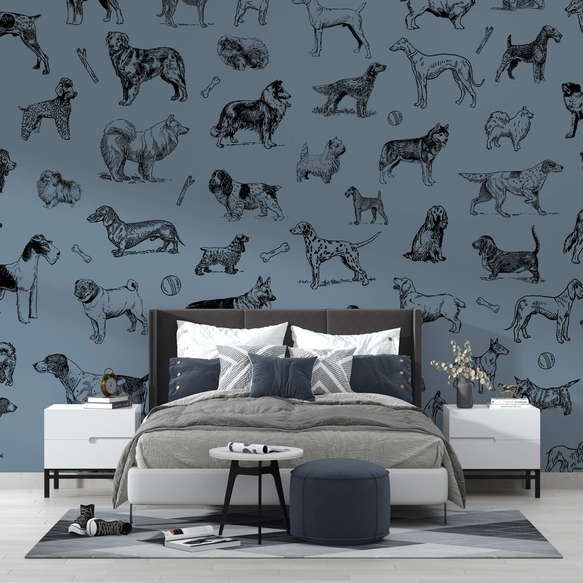 Skupina psů na modrém pozadí