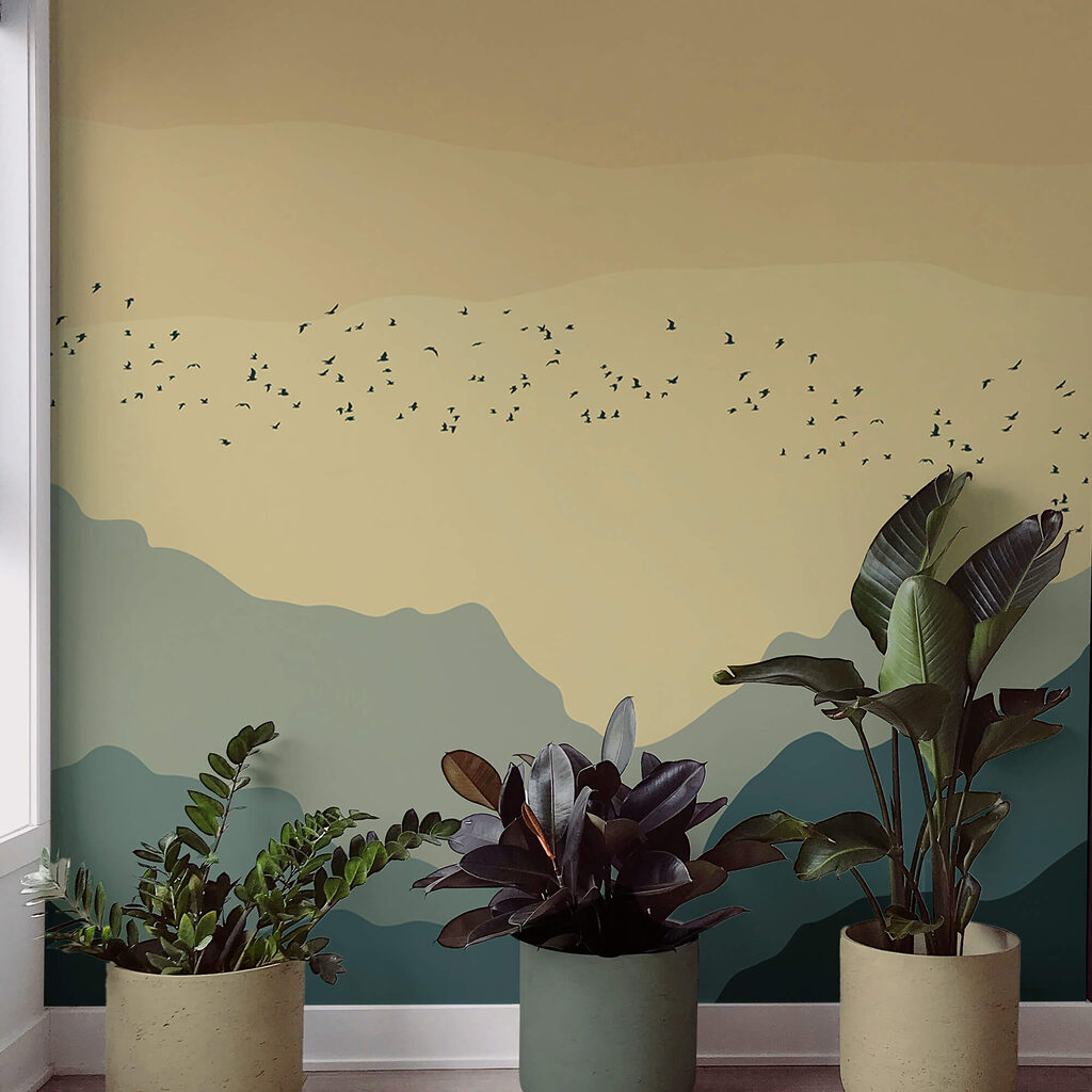 Skupina ptáků letících nad horami Skupina ptáků letících nad horami