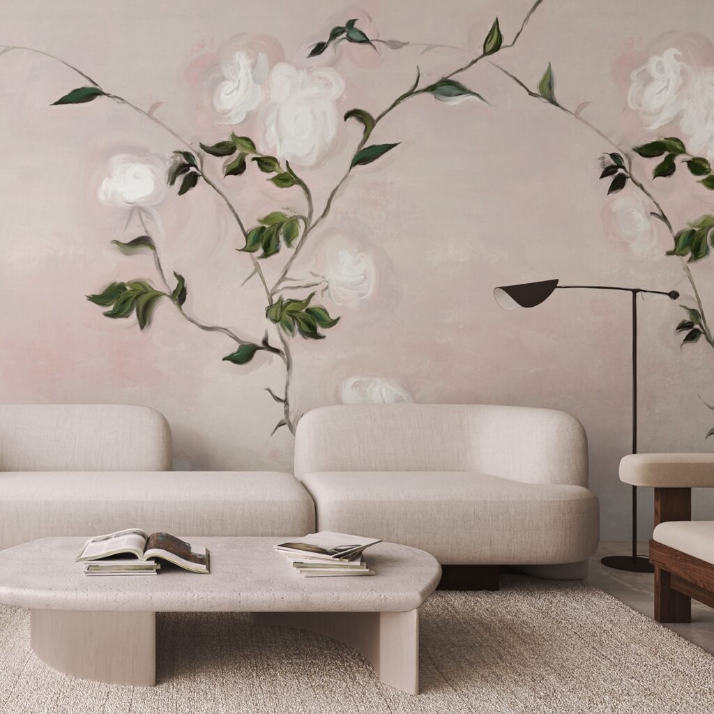 Malba větve s bílými květy a zelenými listy