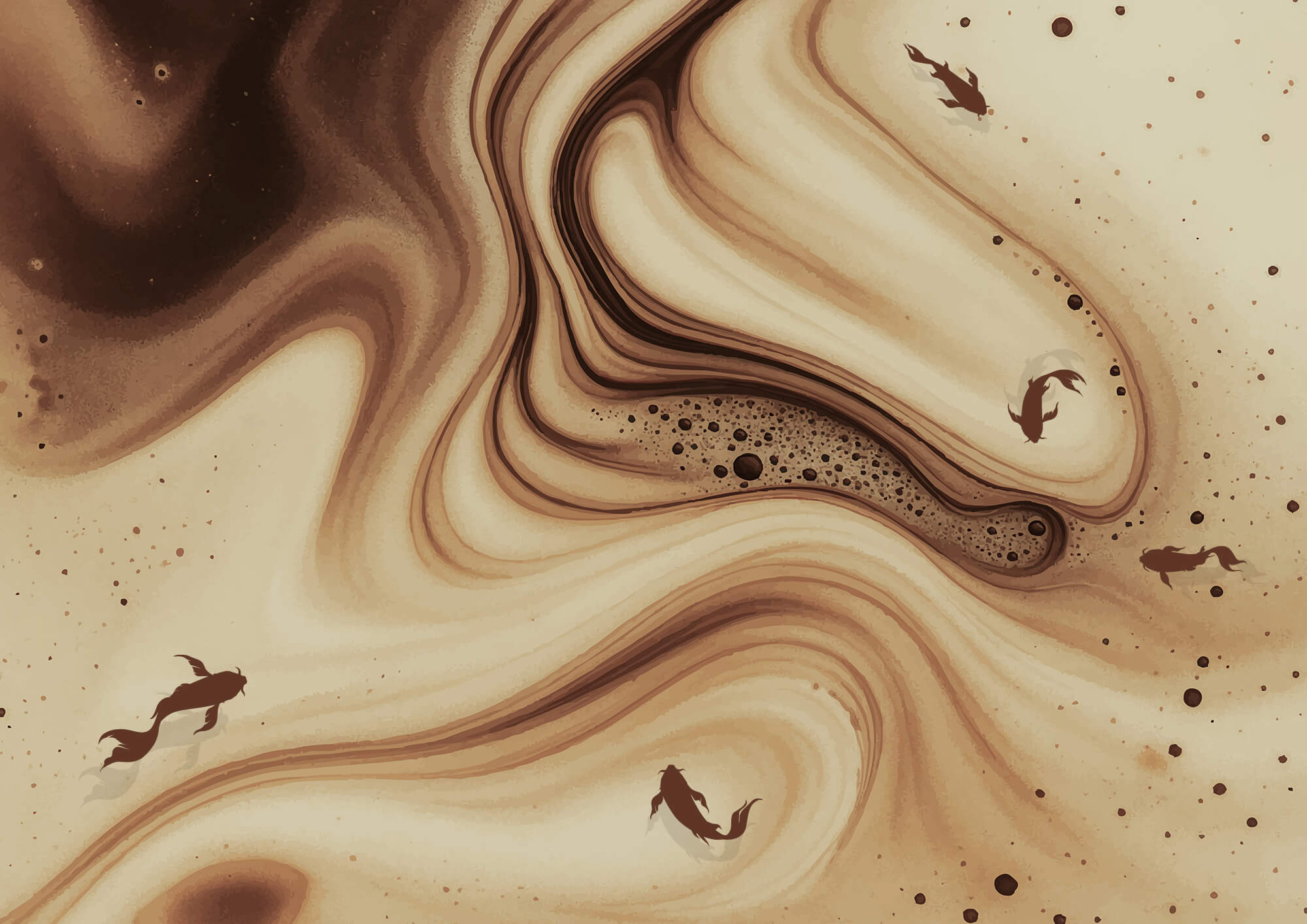 Brown and white swirly waves with fish silhouettes