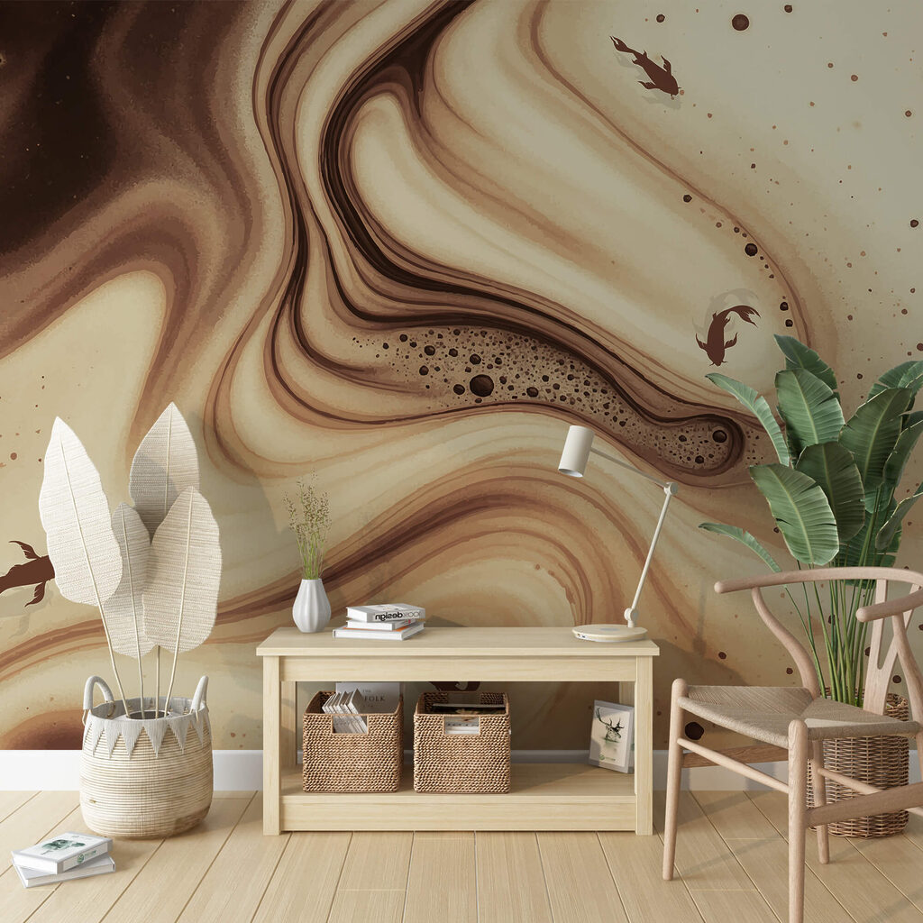 Hnědé a bílé vířivé vlny se siluetami ryb