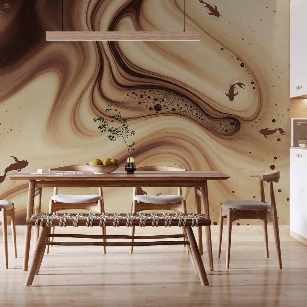 Hnědé a bílé vířivé vlny se siluetami ryb