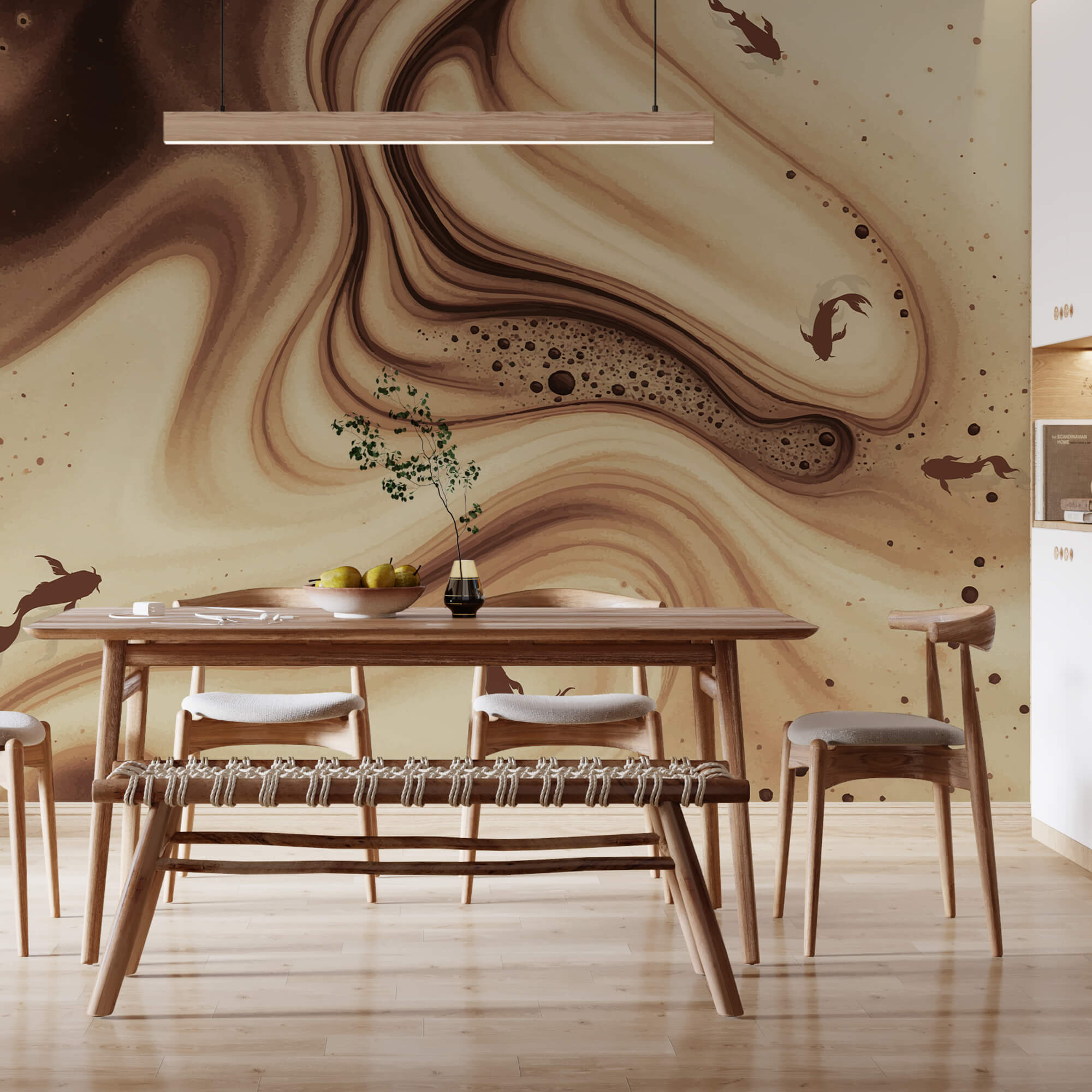 Hnědé a bílé vířivé vlny se siluetami ryb