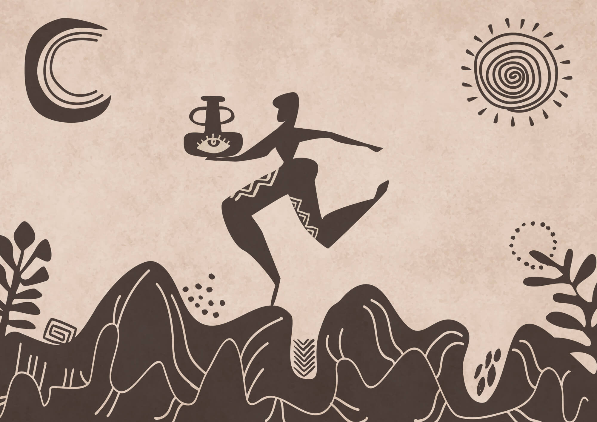 Drawing of a man holding a pot and a pot on a mountain