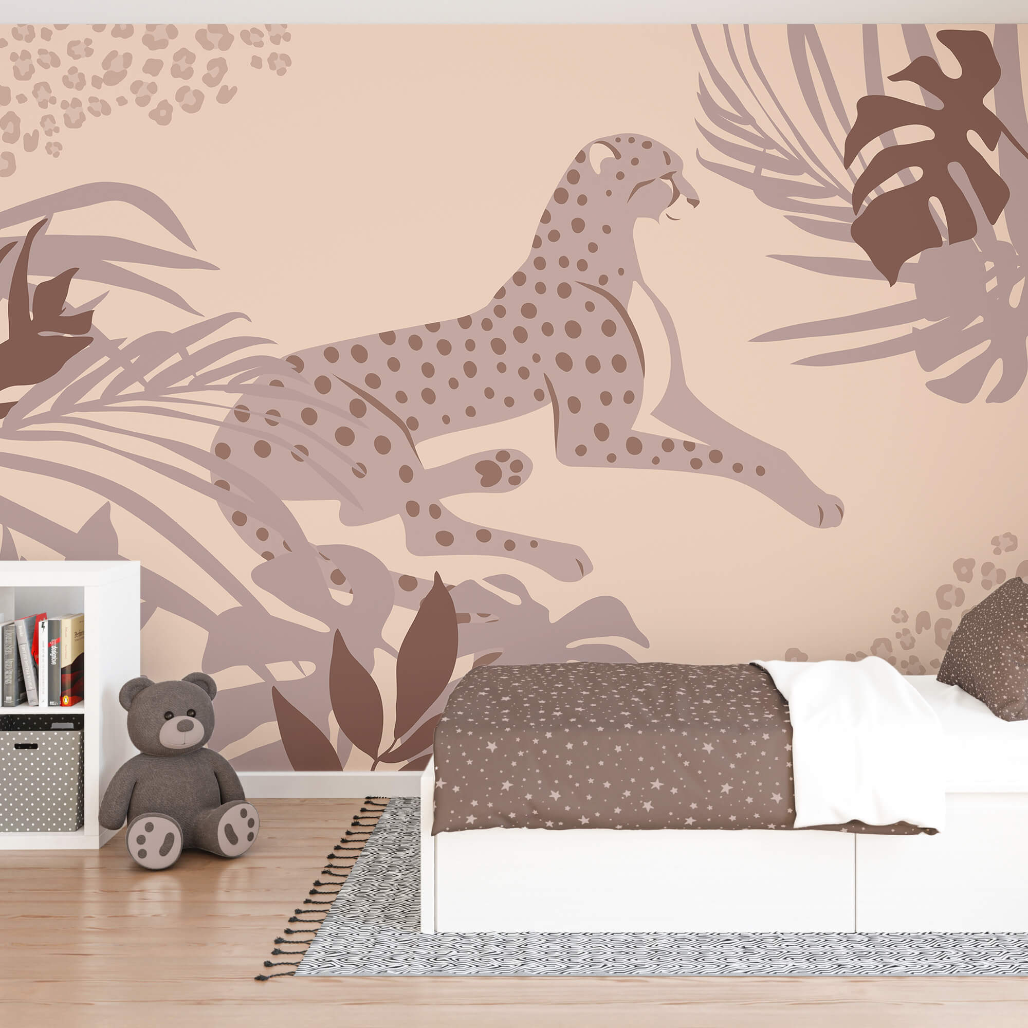 Gepard ležící s rostlinami