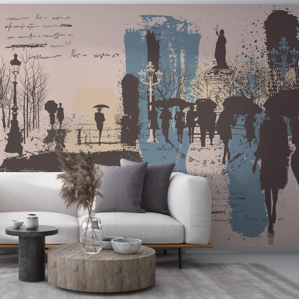 Skupina lidí na procházce s deštníky