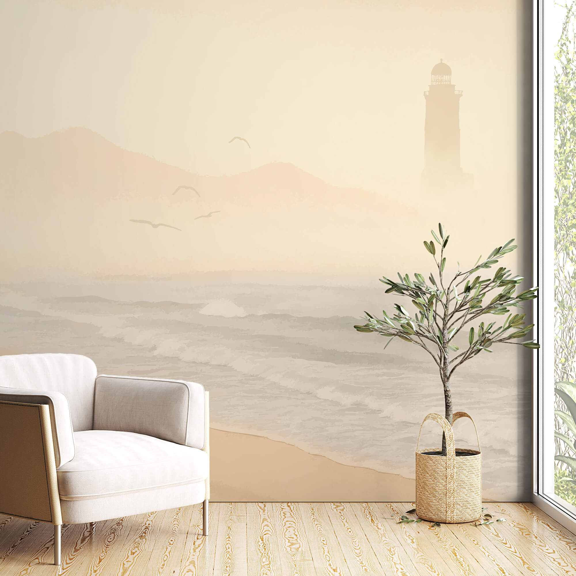 Pláž s vlnami a ptáky