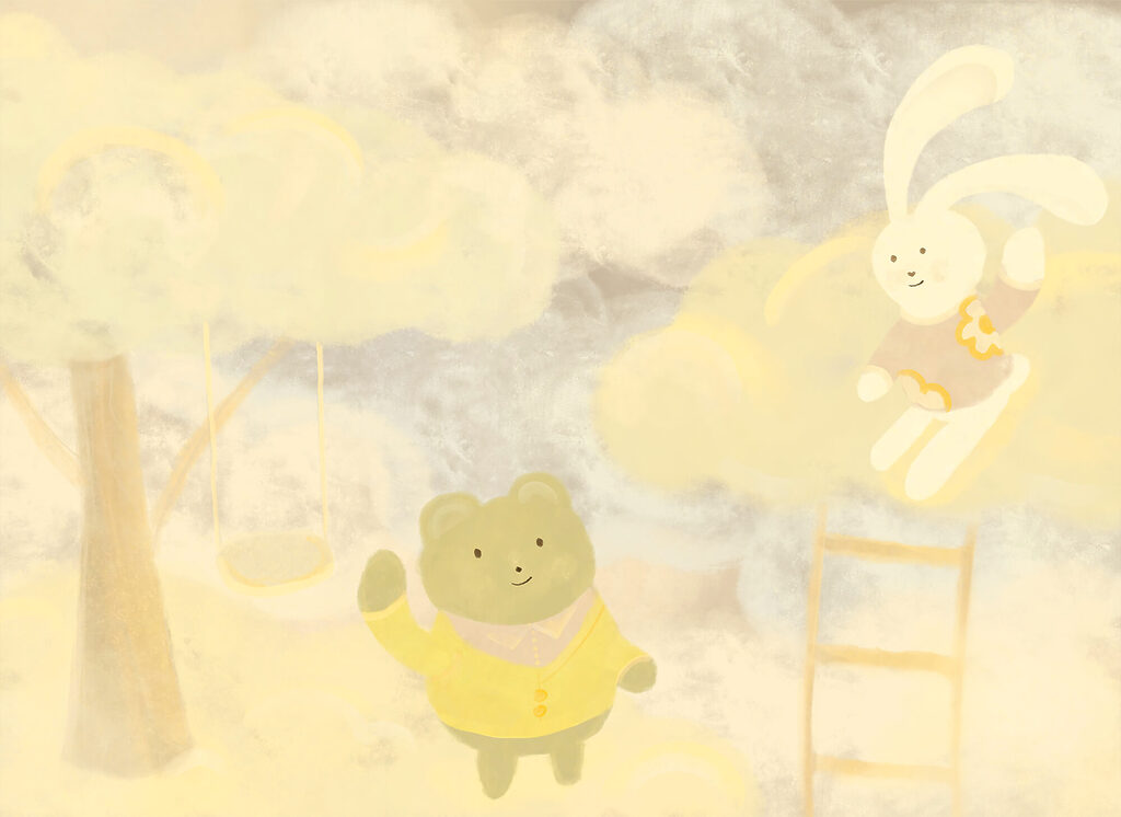 Cartoon bear and bunny in the clouds Cartoon bear and bunny in the clouds