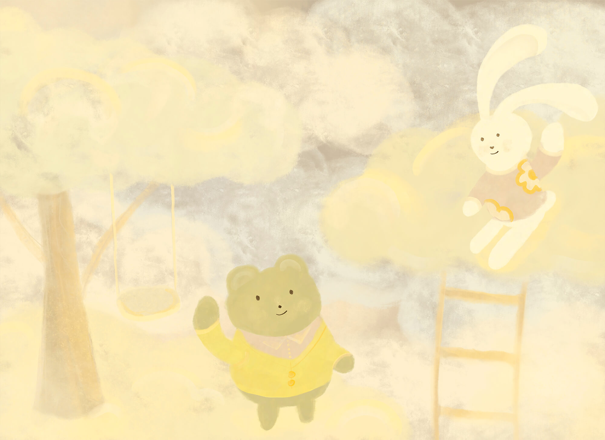 Cartoon bear and bunny in the clouds Cartoon bear and bunny in the clouds