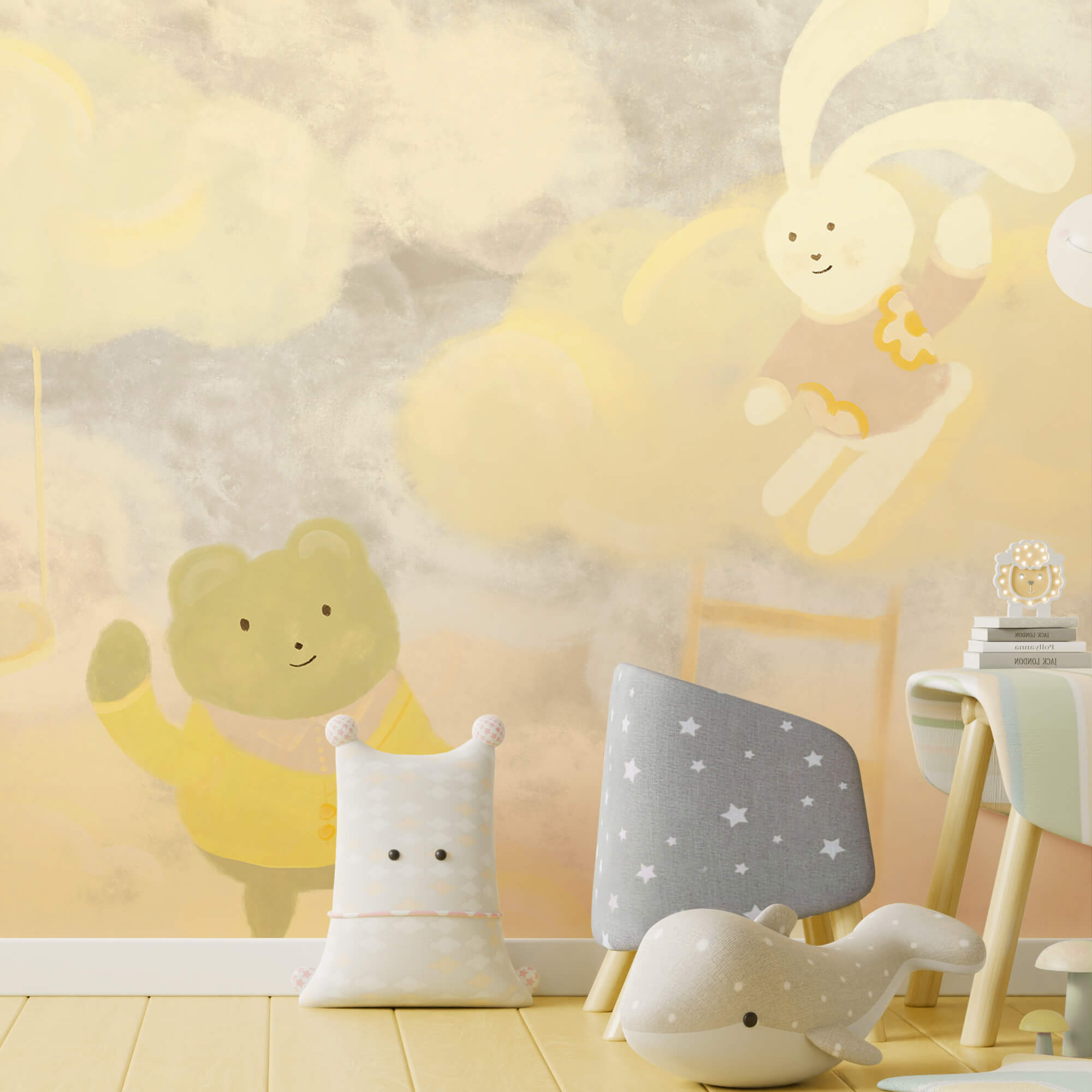 Kreslený medvěd a králík v oblacích