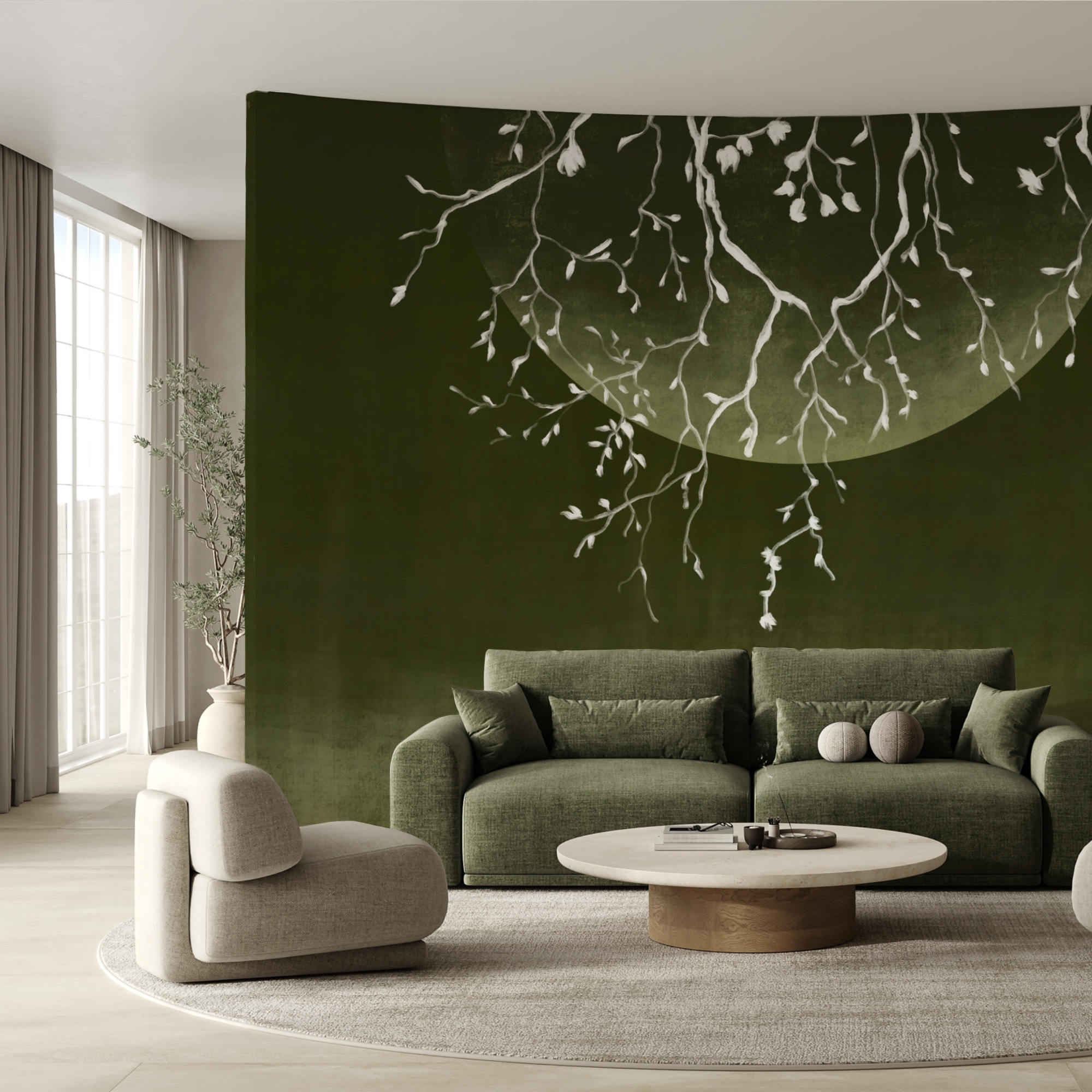 Větve stromů s listy a měsícem