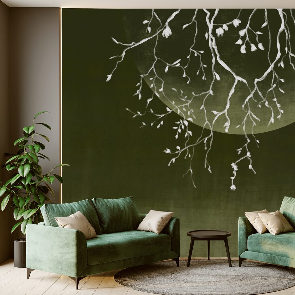 Větve stromů s listy a měsícem