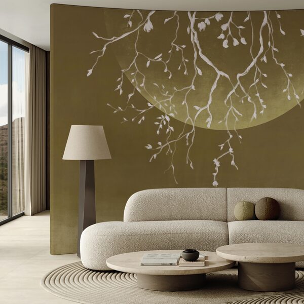 Větve stromů s listy a měsícem