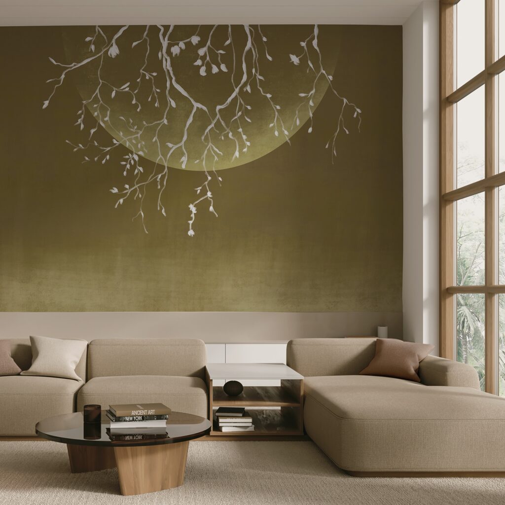 Větve stromů s listy a měsícem