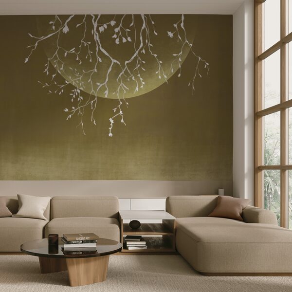 Větve stromů s listy a měsícem