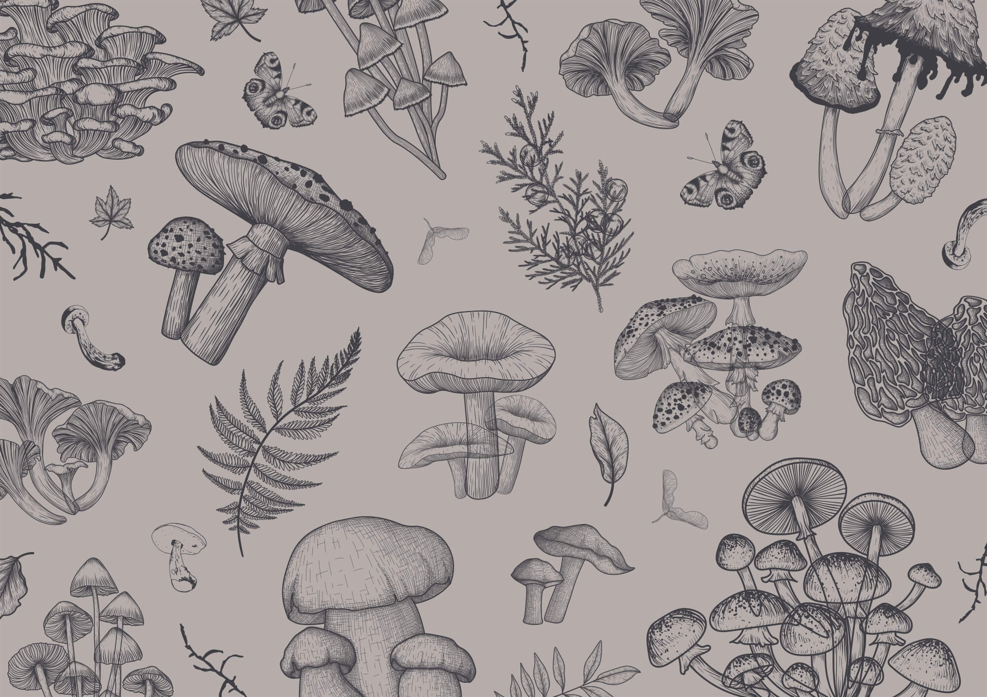 Pattern of mushrooms and leaves