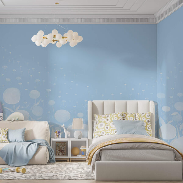 Bílé květy s listy a modrým pozadím