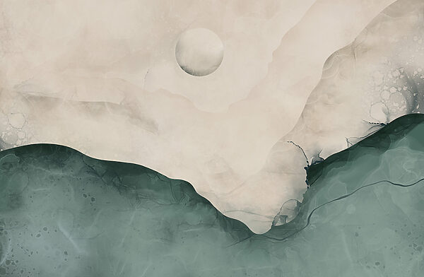 Painting of a mountain with a moon in the sky