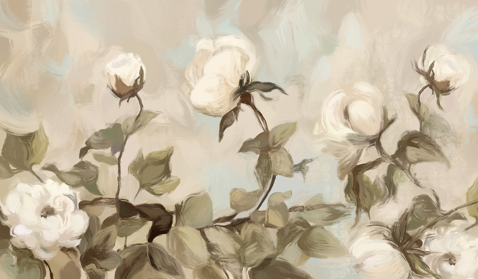 Painting of white flowers and leaves Painting of white flowers and leaves
