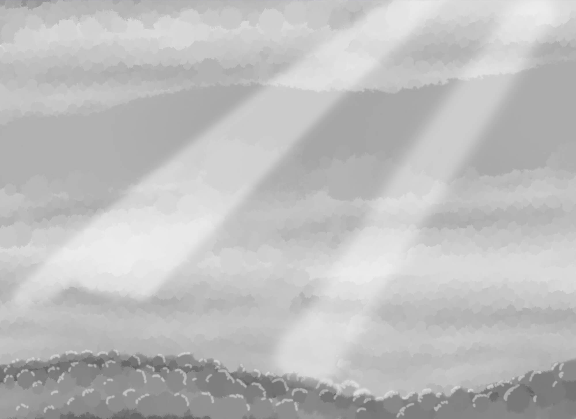 Greyscale image of clouds and sun rays