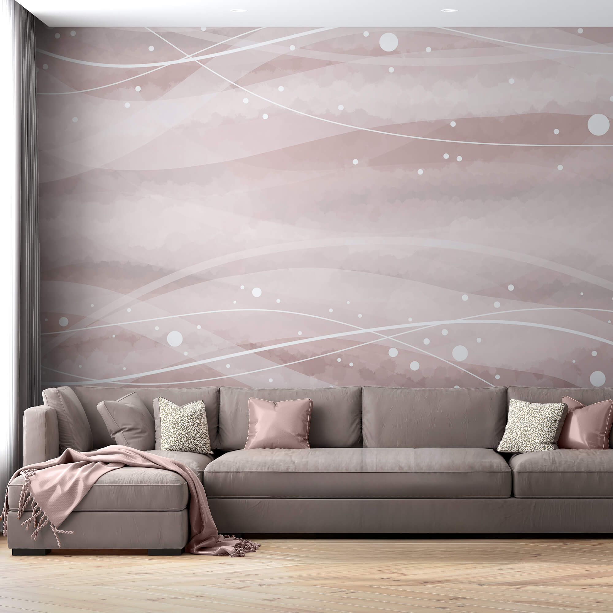 Bílé čáry a tečky na růžovém pozadí