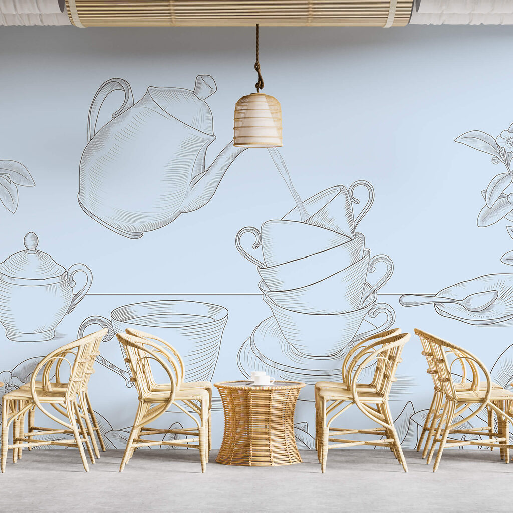 Čajová konvice nalévá čaj do hromádky čajových šálků