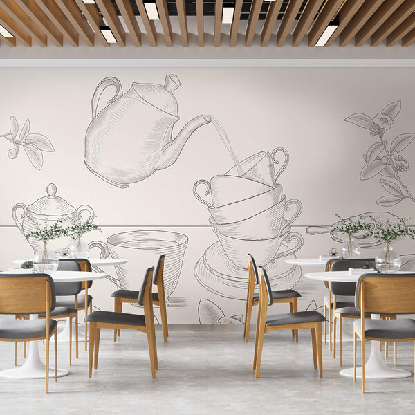 Čajová konvice nalévá čaj do hromádky čajových šálků