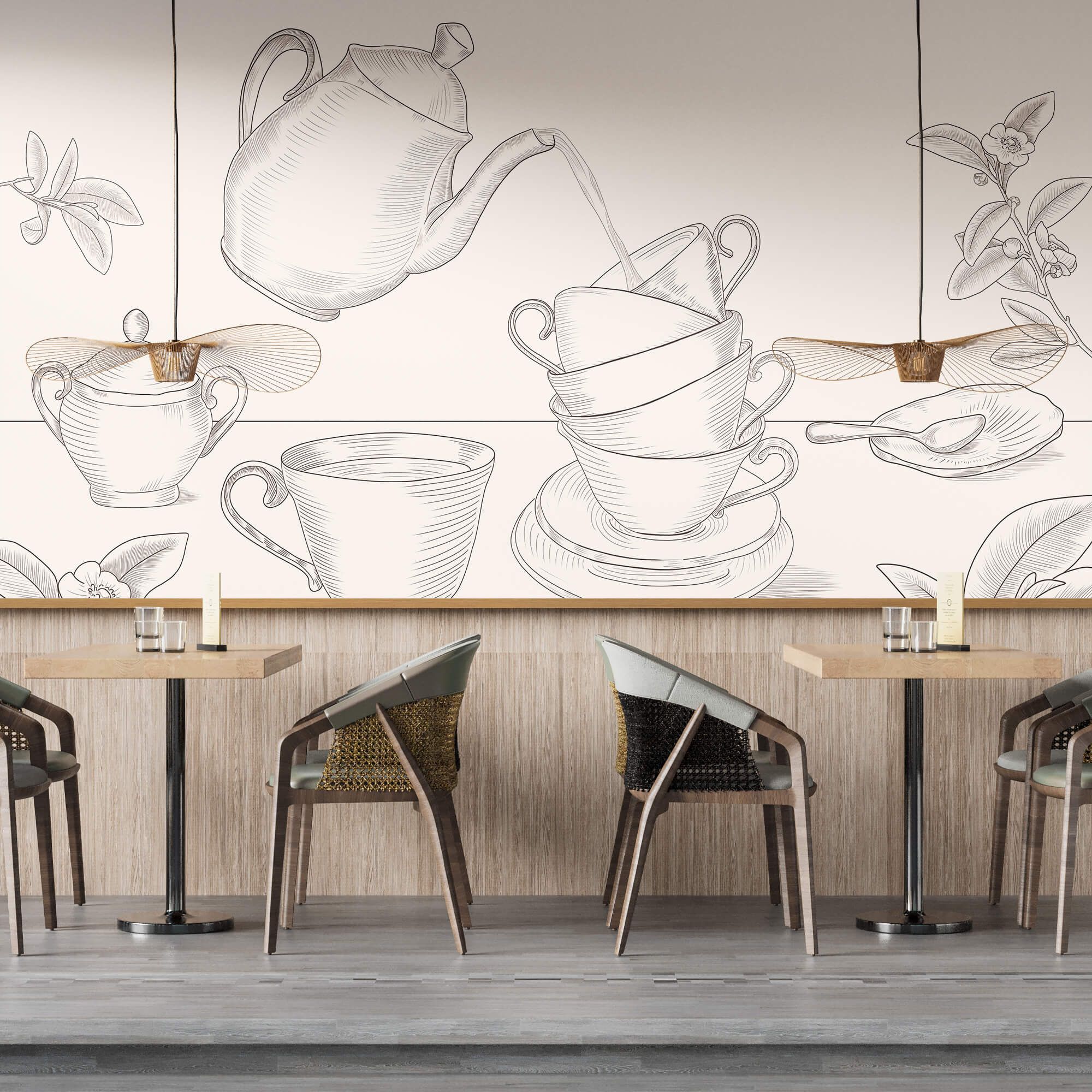 Čajová konvice nalévá čaj do hromádky čajových šálků