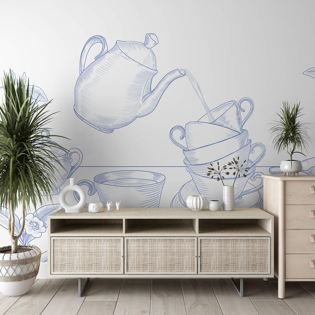 Čajová konvice nalévá čaj do hromádky čajových šálků