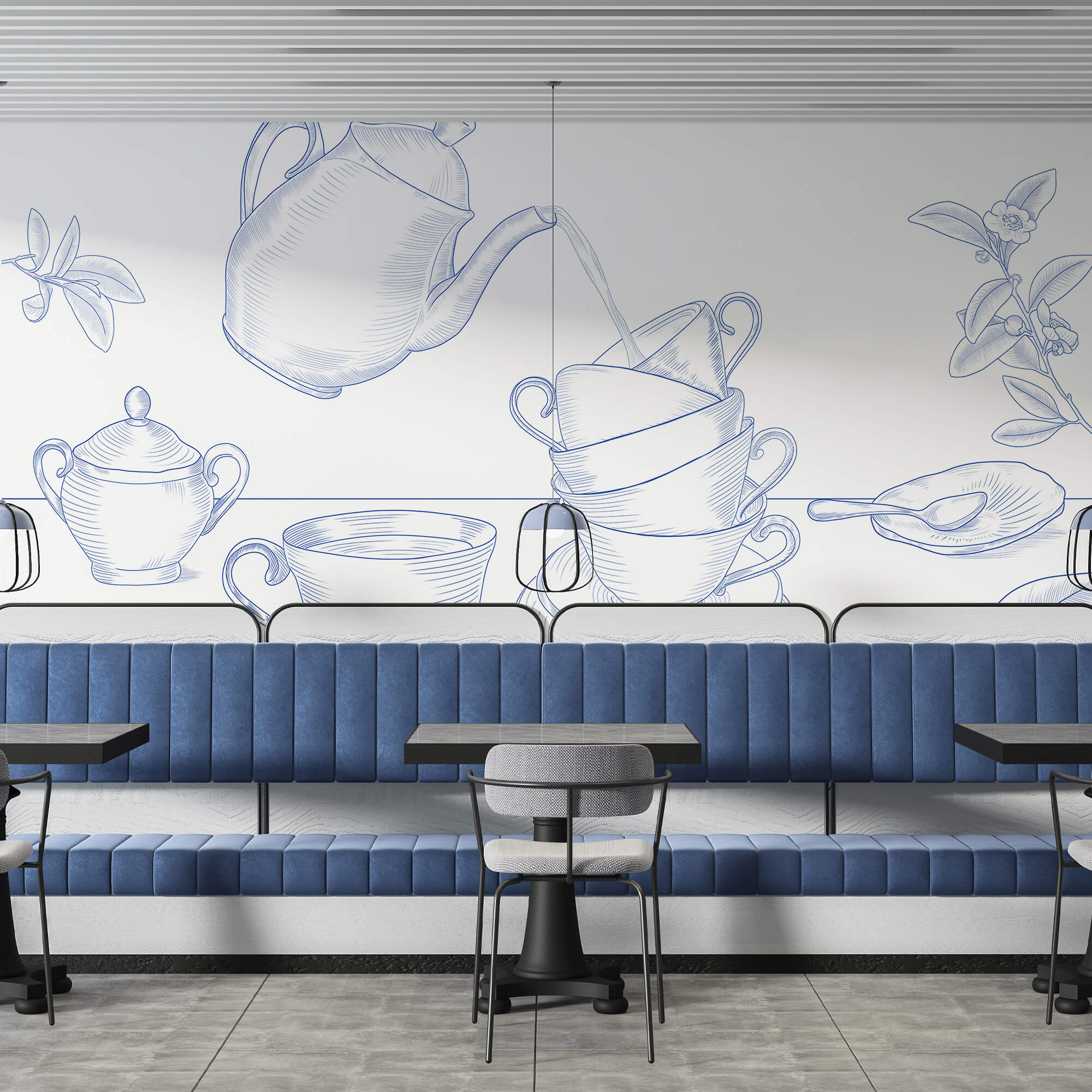 Čajová konvice nalévá čaj do hromádky čajových šálků