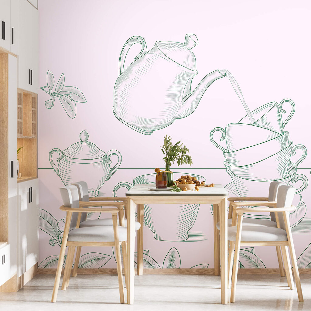 Čajová konvice nalévá čaj do hromádky čajových šálků