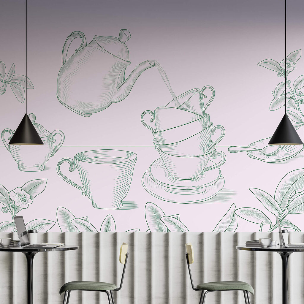 Čajová konvice nalévá čaj do hromádky čajových šálků