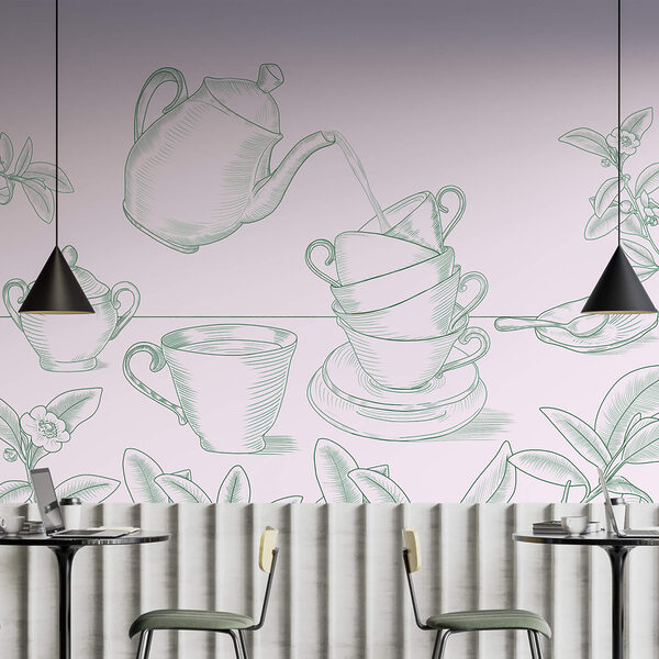 Čajová konvice nalévá čaj do hromádky čajových šálků