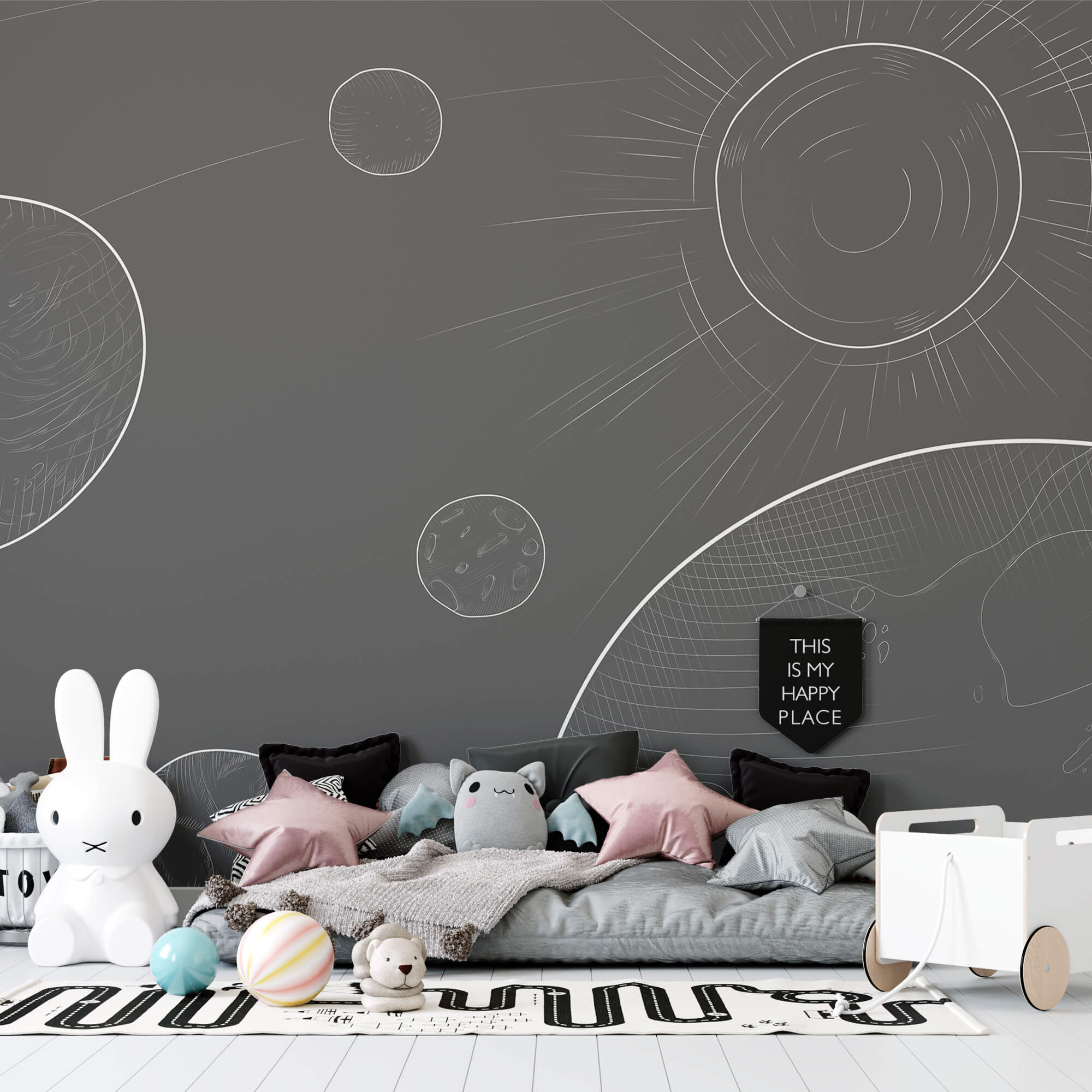 Šedé pozadí s kruhy a sluncem